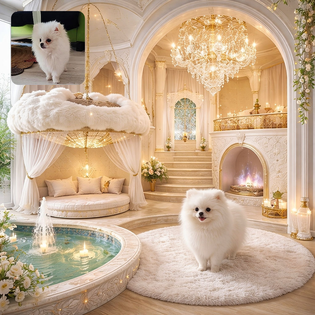 A fluffy white Pomeranian puppy stands adorably on a wooden floor, looking off to the side with big, curious eyes. The cozy indoor setting includes a rug and furniture in the background, highlighting the pup's soft fur and tiny paws.