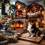 A fluffy dog with a majestic mane sits calmly on a car seat, eyes closed as if meditating or enjoying the ride, with a cozy leash resting nearby and blurred greenery visible through the window.
