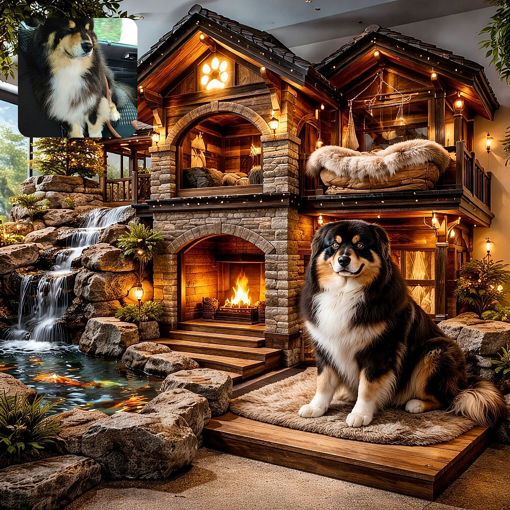 A fluffy dog with a majestic mane sits calmly on a car seat, eyes closed as if meditating or enjoying the ride, with a cozy leash resting nearby and blurred greenery visible through the window.