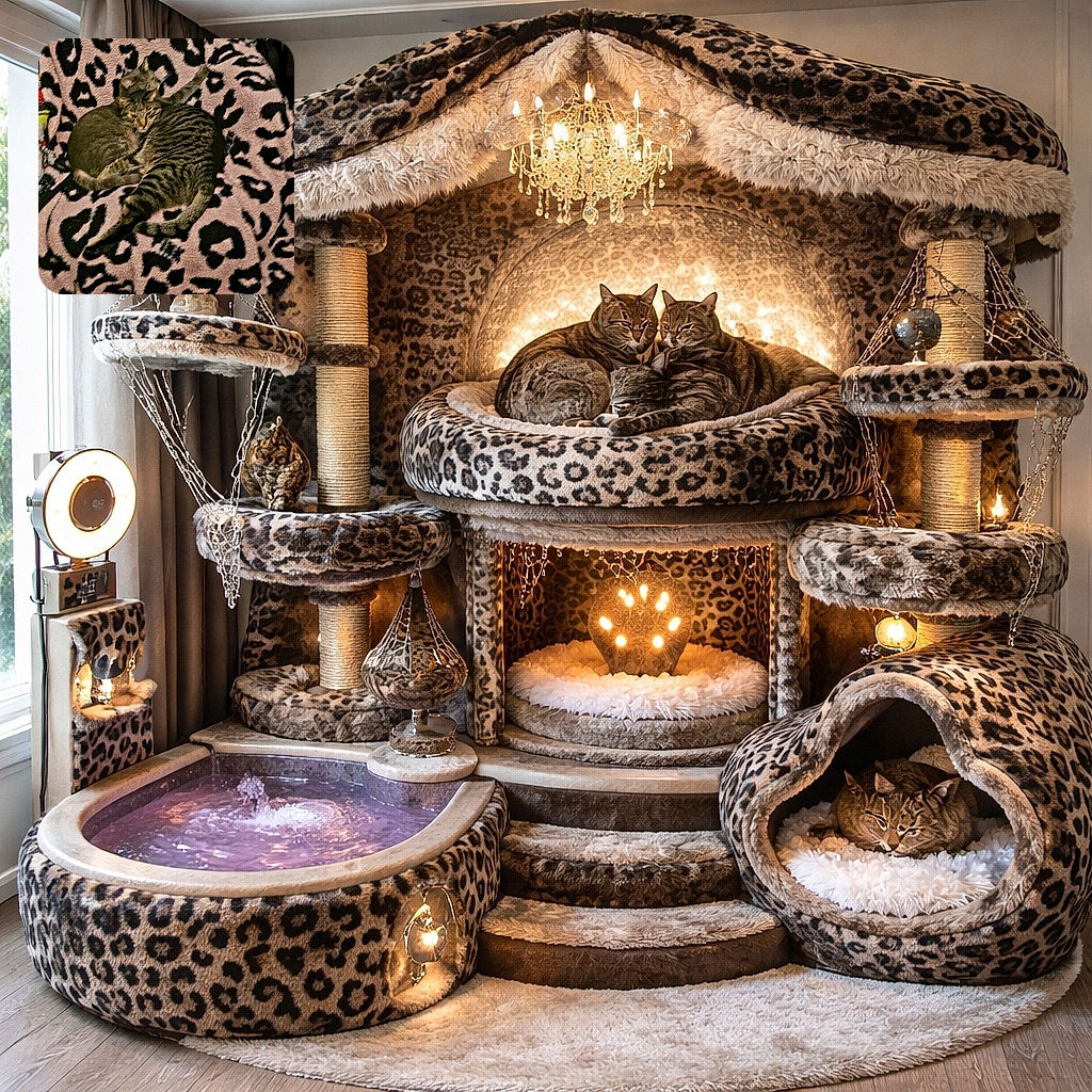 Two cozy cats snuggled up on a fuzzy leopard-print blanket, blending in like secret agents of cuteness in a soft, patterned hideout.