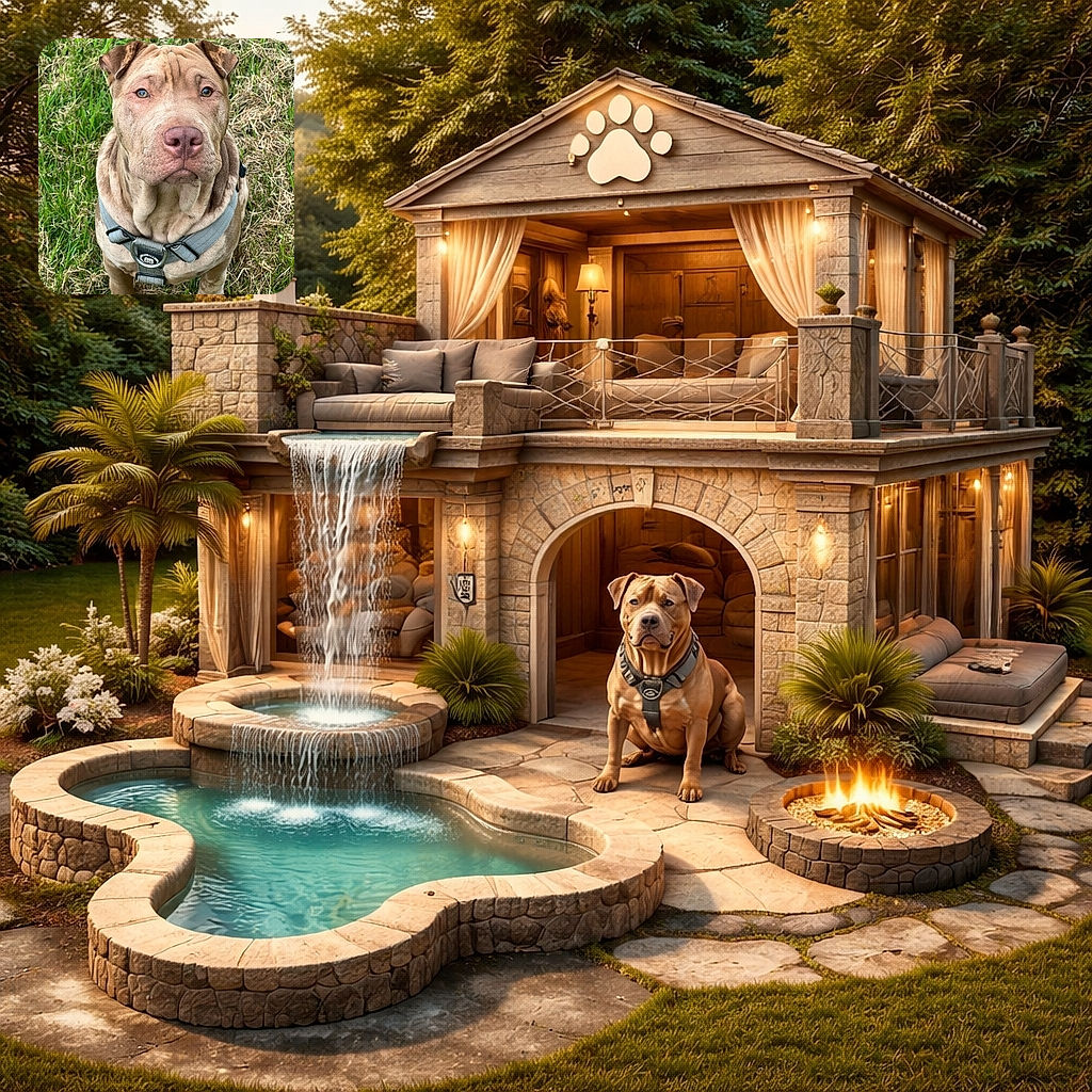 A stoic, wrinkled pup stares up like a furry philosopher demanding treats — close-up portrait with a stubborn pink nose, chunky harness, and a grassy yard backdrop. The dog’s expression says, "You gonna throw the ball or just admire my face?"