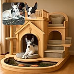 A white dog with black patches lounges on a heavily fur-covered blanket in a cluttered indoor setting. The dog's eyes reflect red from the camera flash, giving it a slightly eerie look, while the background shows a mix of furniture and household items in dim lighting.