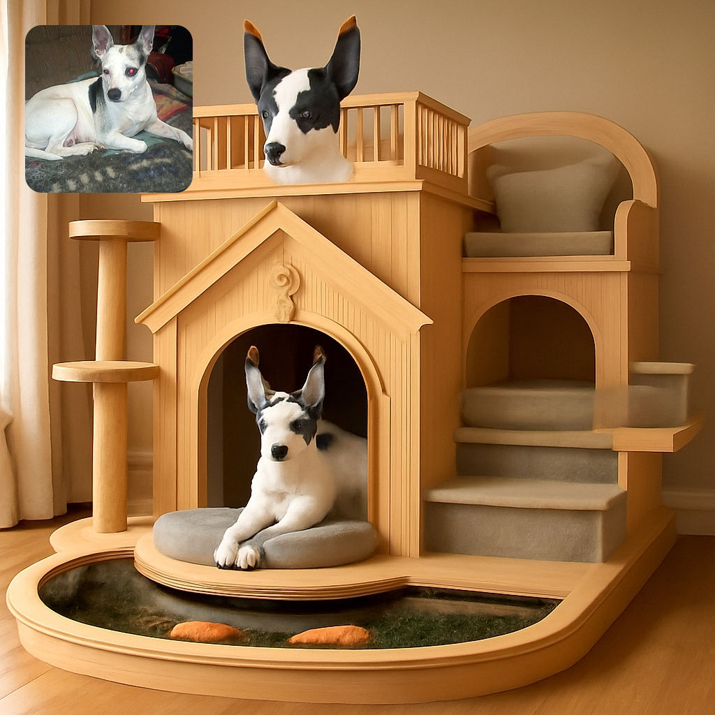 A white dog with black patches lounges on a heavily fur-covered blanket in a cluttered indoor setting. The dog's eyes reflect red from the camera flash, giving it a slightly eerie look, while the background shows a mix of furniture and household items in dim lighting.
