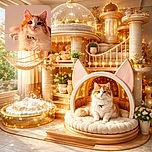 A fluffy orange-and-white cat lounges like royalty against a soft beige backdrop, big curious eyes and a pink nose stealing the show — it looks like a tiny lion who just remembered where it hid the treats.