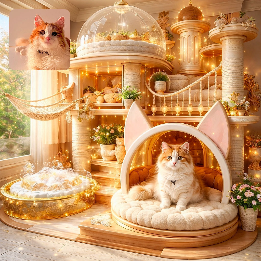 A fluffy orange-and-white cat lounges like royalty against a soft beige backdrop, big curious eyes and a pink nose stealing the show — it looks like a tiny lion who just remembered where it hid the treats.