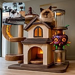 A fluffy cat lounges regally on a folded blanket atop a wooden table, with a cozy and eclectic room in the background featuring figurines, a colorful mask, and a modern air conditioner.