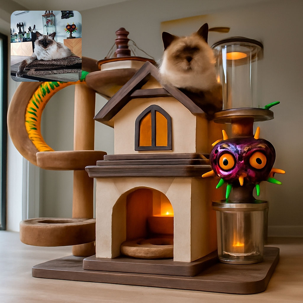 A fluffy cat lounges regally on a folded blanket atop a wooden table, with a cozy and eclectic room in the background featuring figurines, a colorful mask, and a modern air conditioner.