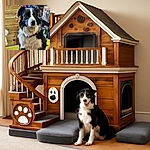 A fluffy black and white dog sits patiently indoors against a wooden wall, with colorful clothing hanging in the background and a yellow surface in front. The dog looks calm and regal, like the wise guardian of the cozy room.