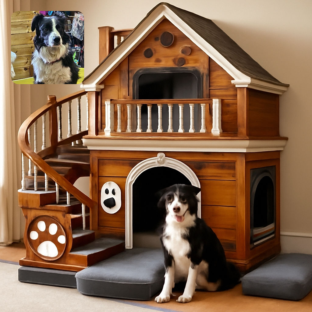 A fluffy black and white dog sits patiently indoors against a wooden wall, with colorful clothing hanging in the background and a yellow surface in front. The dog looks calm and regal, like the wise guardian of the cozy room.