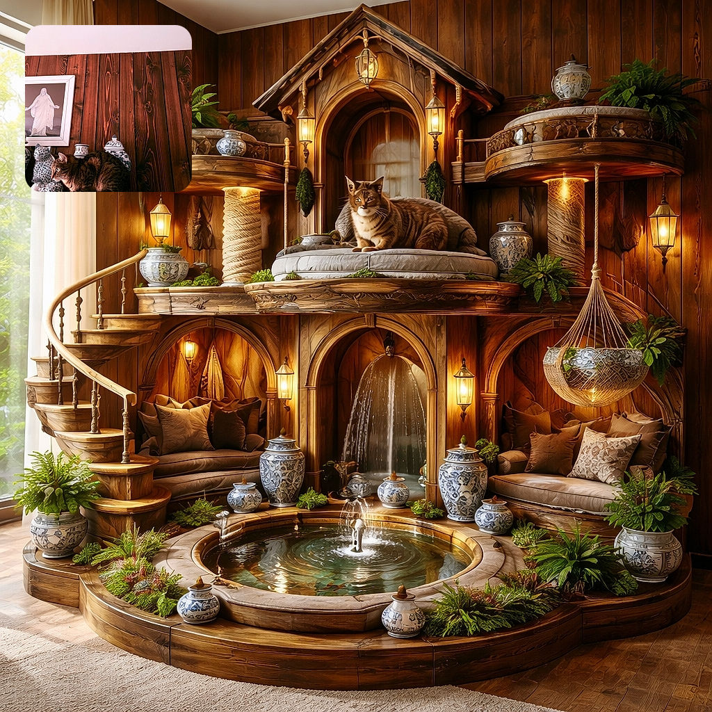 A tabby cat has claimed the antique shelf as its throne, crouched among blue-and-white porcelain and a framed statue portrait — looking simultaneously regal and ready to knock over a vase.