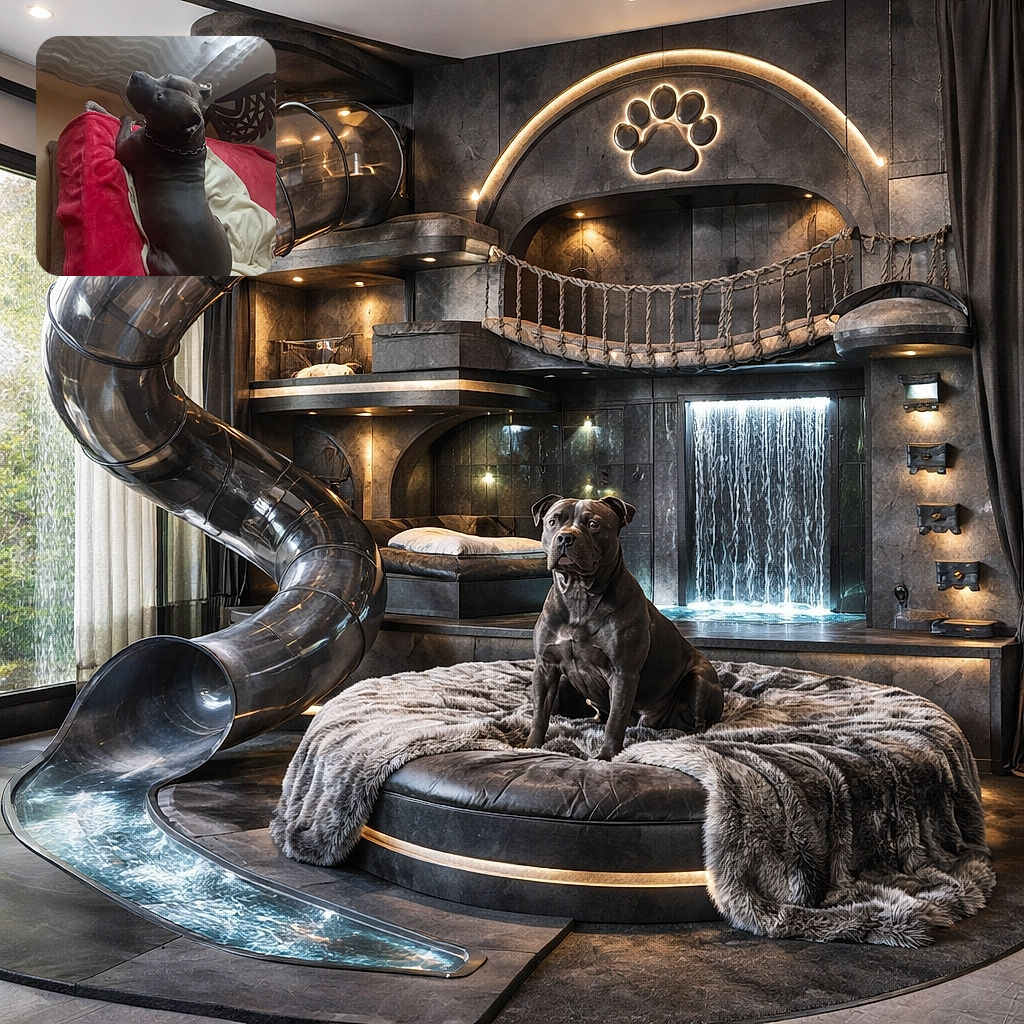 A dignified pitbull lounges on a red blanket, glancing upward with the kind of judgment reserved for homework and unopened treat jars. Sunlight filters through wavy curtains while a decorative chair peeks in, making the scene feel like a cozy portrait session the dog neither asked for nor entirely disapproves of.