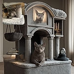 A curious gray kitten lounges on a soft, fuzzy cat tree platform, peeking out with alert eyes and delicate paws tucked beneath its body, basking in warm indoor light with a cozy kitchen background.