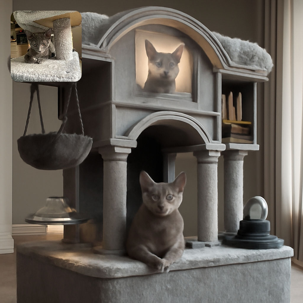 A curious gray kitten lounges on a soft, fuzzy cat tree platform, peeking out with alert eyes and delicate paws tucked beneath its body, basking in warm indoor light with a cozy kitchen background.