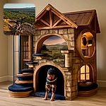A happy dog wearing a harness sits on rocky terrain with a vast, sunlit forest landscape stretching out behind it under a partly cloudy sky, looking like the ultimate hiking companion.