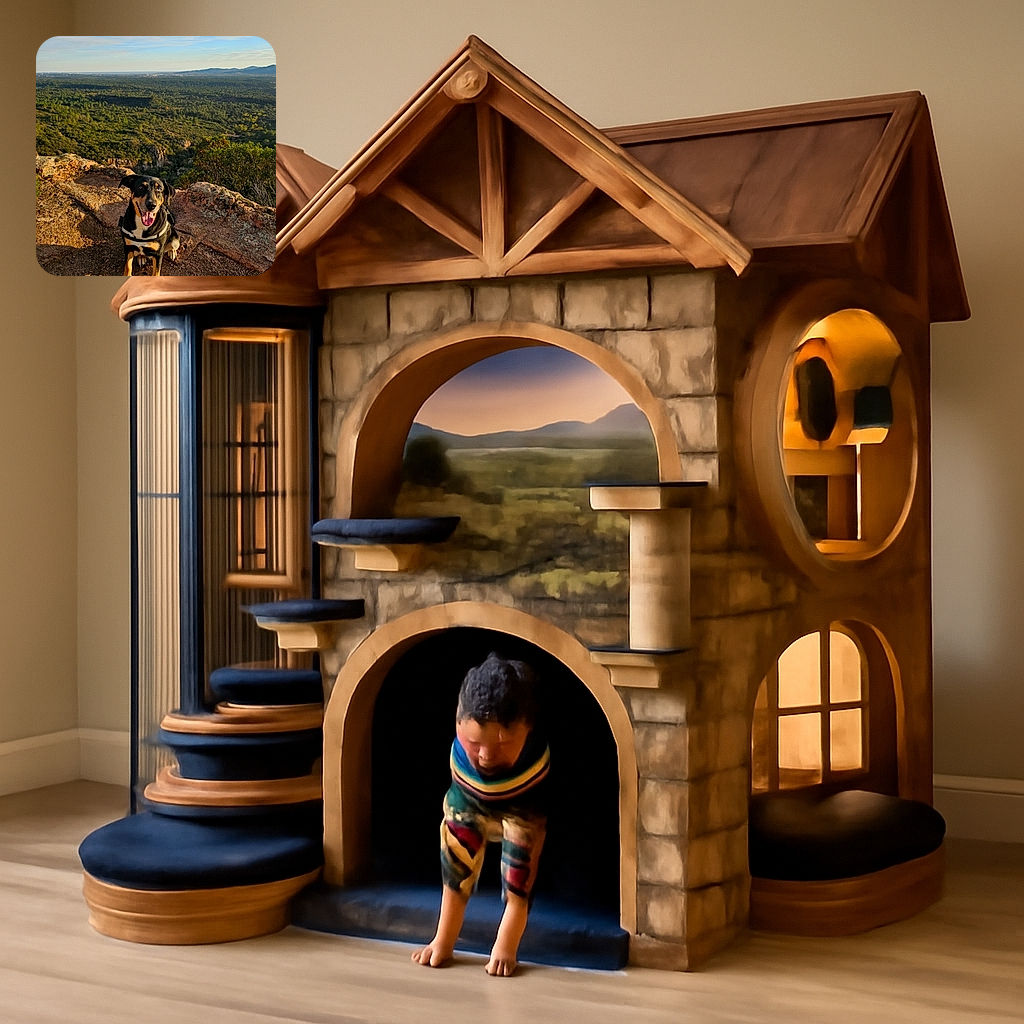 A happy dog wearing a harness sits on rocky terrain with a vast, sunlit forest landscape stretching out behind it under a partly cloudy sky, looking like the ultimate hiking companion.