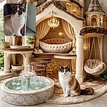 A curious cat with striking blue eyes and unique facial markings sits elegantly on a decorative black stool, peering inquisitively at the camera. The background shows a cozy indoor setting with a maroon wall and kitchen cabinets, adding a homely vibe.