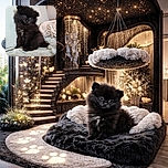 A fluffy black puppy with a curious and slightly tilted head sits adorably on a soft light-colored blanket, looking like it's pondering the mysteries of life or just waiting for a treat.
