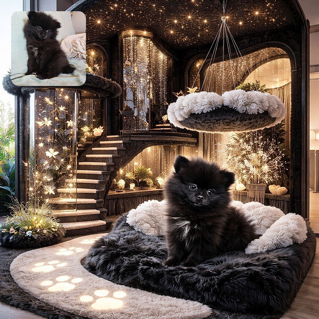 A fluffy black puppy with a curious and slightly tilted head sits adorably on a soft light-colored blanket, looking like it's pondering the mysteries of life or just waiting for a treat.