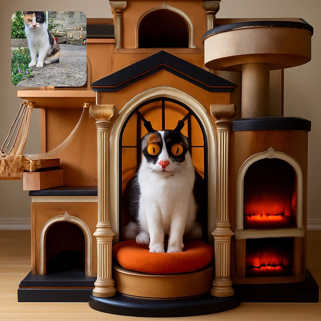 A serious-faced calico cat sits poised on a concrete path, surrounded by greenery and colorful garden gnomes against a rustic stone wall, looking like the boss of the backyard.