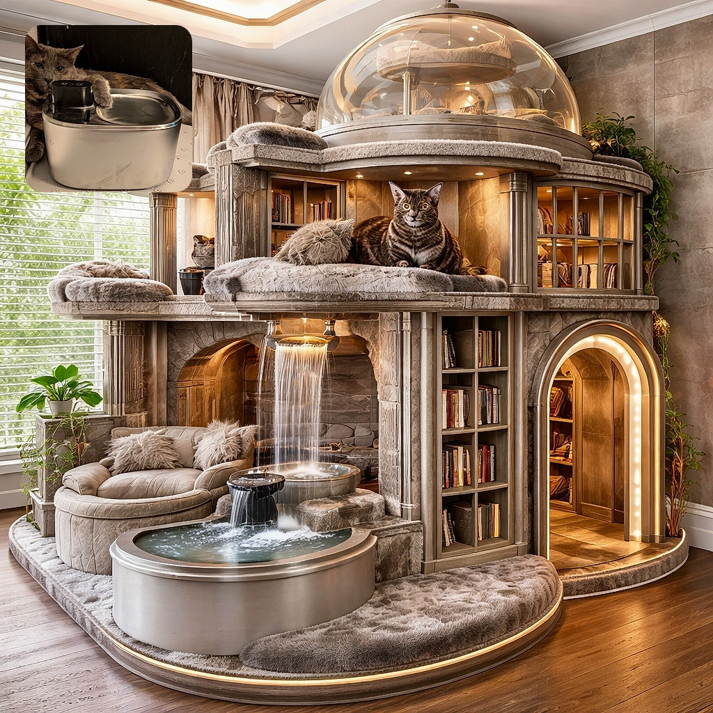 A grumpy-but-adorable tabby has claimed the water fountain as a throne, one paw draped possessively over the stainless bowl while squinting at the photographer like a furry critic judging your life choices.