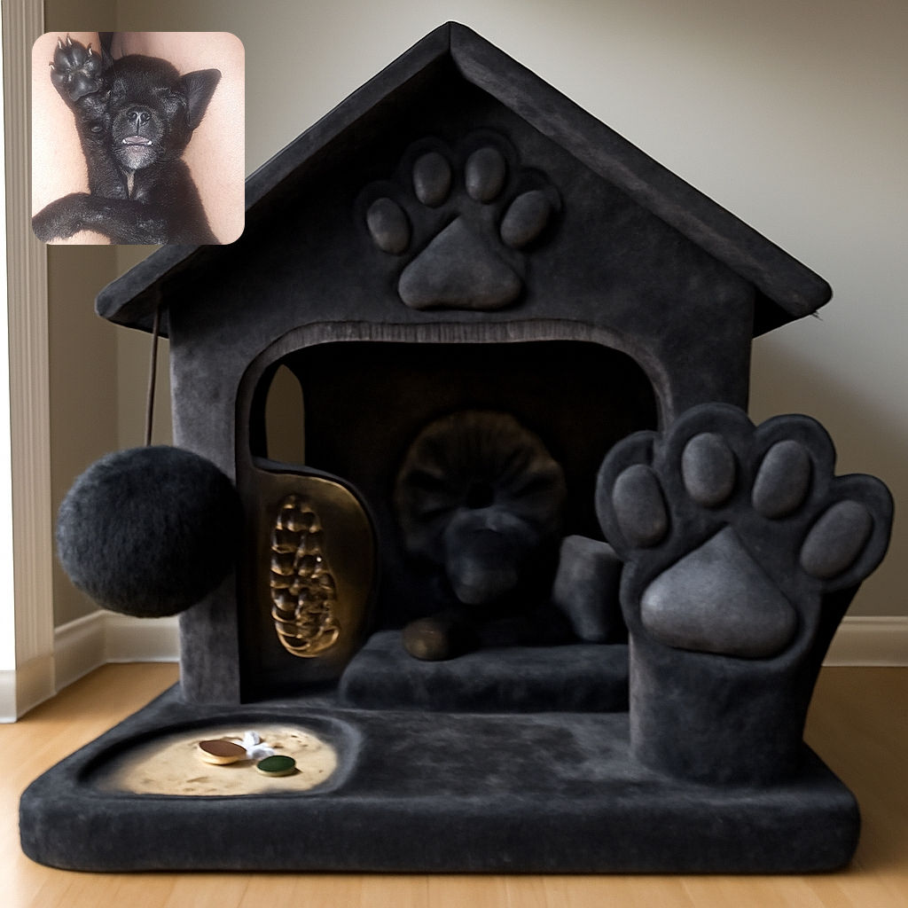 A tiny black puppy is caught mid-nap with one paw raised high like it's waving hello or surrendering to cuteness overload, nestled between two legs with a slightly open mouth showing tiny teeth.