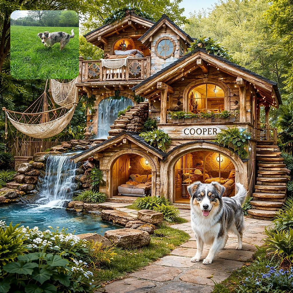 A curious and adorable puppy with a speckled coat and a red collar tiptoes through a lush, green grassy field under a partly cloudy sky, surrounded by trees and bushes in the background.