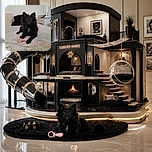A fluffy black dog sits proudly on a floral bedspread beside a pink chew toy, staring into the camera like a tiny, serious security guard protecting the bedroom. A bedside table and lamp complete the cozy indoor scene, while a small phone watermark appears near the bottom.