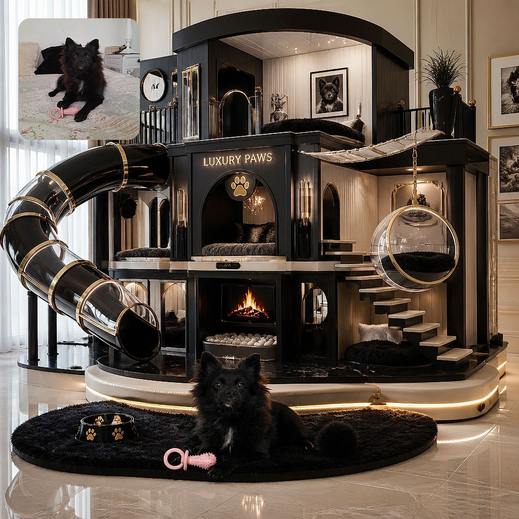 A fluffy black dog sits proudly on a floral bedspread beside a pink chew toy, staring into the camera like a tiny, serious security guard protecting the bedroom. A bedside table and lamp complete the cozy indoor scene, while a small phone watermark appears near the bottom.
