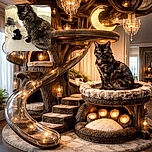A fluffy tortoiseshell cat sits attentively on a soft white surface, with a small black plush toy featuring pink paw pads nearby. The background is softly blurred, giving a cozy indoor vibe with muted colors and warm lighting.