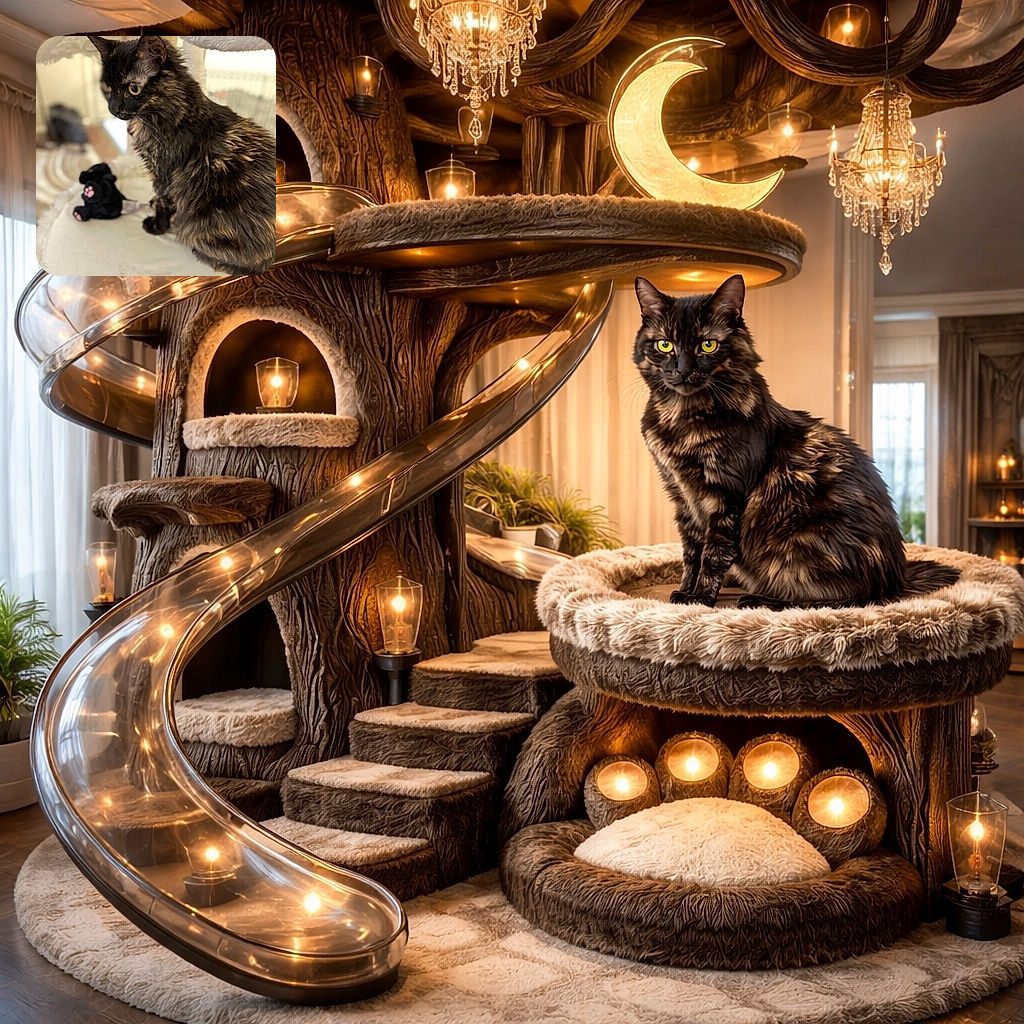 A fluffy tortoiseshell cat sits attentively on a soft white surface, with a small black plush toy featuring pink paw pads nearby. The background is softly blurred, giving a cozy indoor vibe with muted colors and warm lighting.