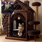 A fluffy tabby cat is cozily nestled on a soft black blanket, eyes gently closed as if in a peaceful nap. The background shows a purple couch, adding a pop of color to this serene indoor scene.