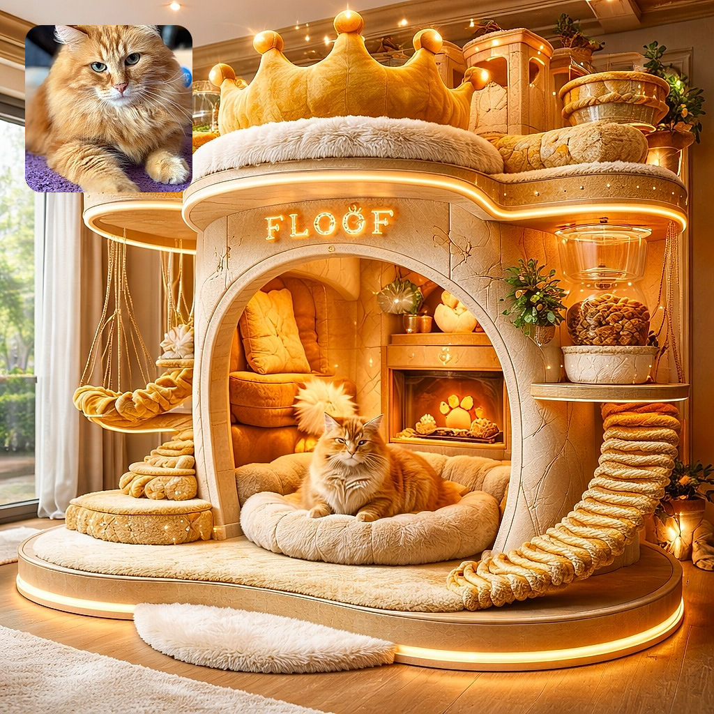 A majestic fluffy orange cat lounges on a textured purple surface, staring intensely with its striking green eyes, whiskers twitching with curiosity and a regal air of feline confidence.