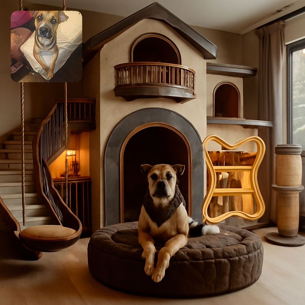A curious dog with soulful eyes leans on the edge of a bed, looking straight at the camera with an innocent, hopeful expression. Nearby, a person with a tattooed leg sits, adding a touch of human presence to this cozy indoor scene. The lighting is warm but a bit uneven, capturing a candid moment in a lived-in room with wooden flooring.