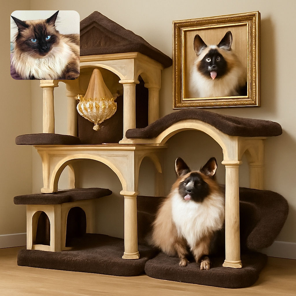 A regal fluffy cat with striking blue eyes lounges elegantly on a soft purple surface, its dark face and paws contrasting beautifully with its creamy fur, looking like it just woke from a royal nap.