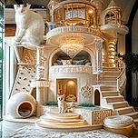 A bright white kitten sits upright like a tiny, slightly judgmental museum curator, staring into the camera with mismatched eyes while guarding a colorful puzzle and keeping the entertainment console under strict supervision.