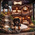 A fluffy black and brown puppy lounges on a cozy textured blanket, its paws stretched out toward the camera, with a soft, slightly shadowed background that adds a warm, homey feel.