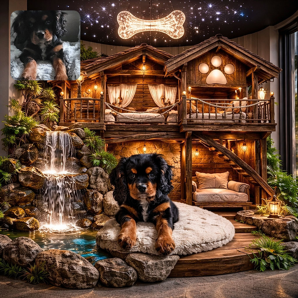 A fluffy black and brown puppy lounges on a cozy textured blanket, its paws stretched out toward the camera, with a soft, slightly shadowed background that adds a warm, homey feel.