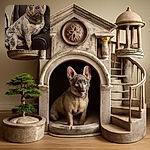 A charming French Bulldog with striking blue eyes and a diamond-studded collar sits regally on a black leather chair, looking slightly puzzled but undeniably adorable with its tongue peeking out.