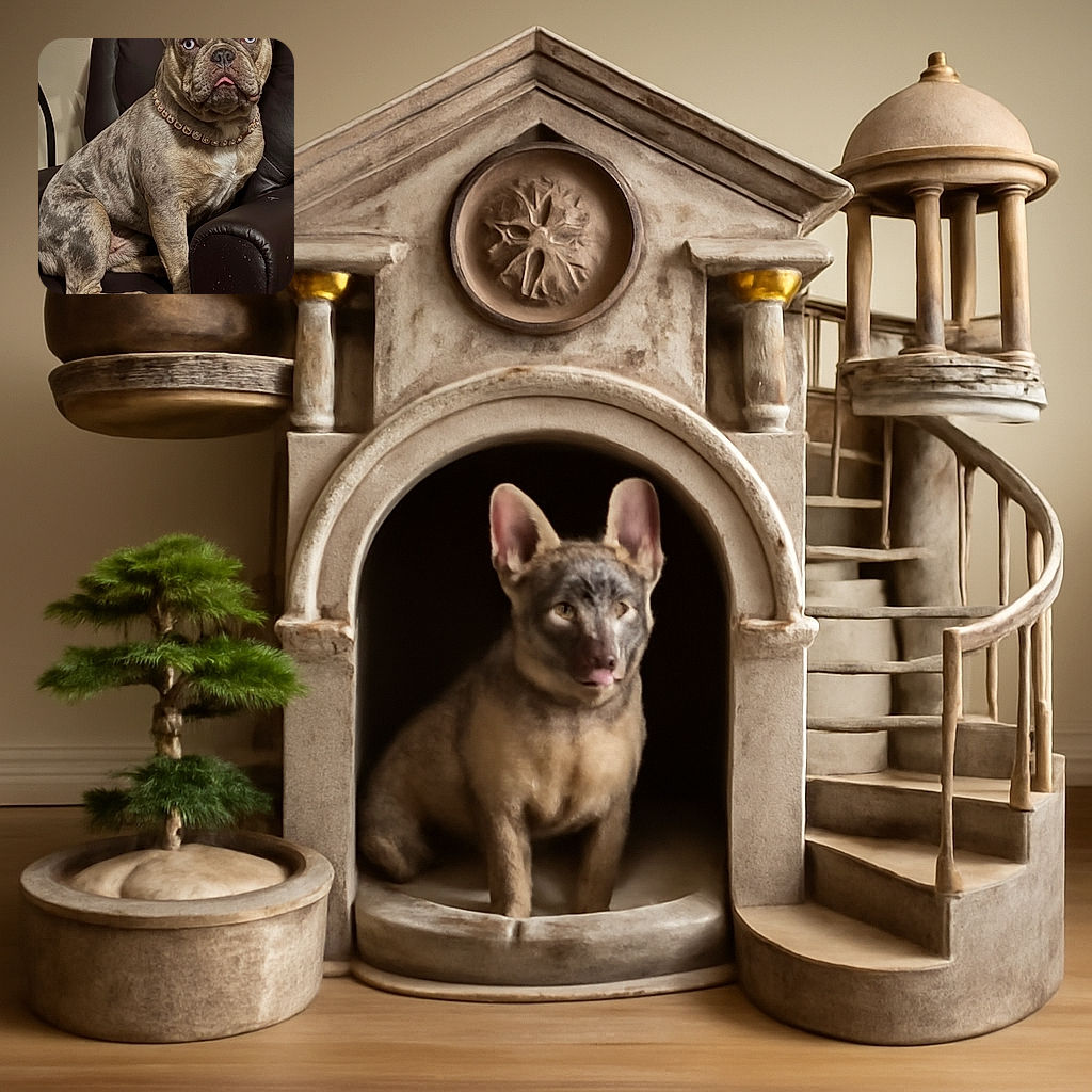 A charming French Bulldog with striking blue eyes and a diamond-studded collar sits regally on a black leather chair, looking slightly puzzled but undeniably adorable with its tongue peeking out.