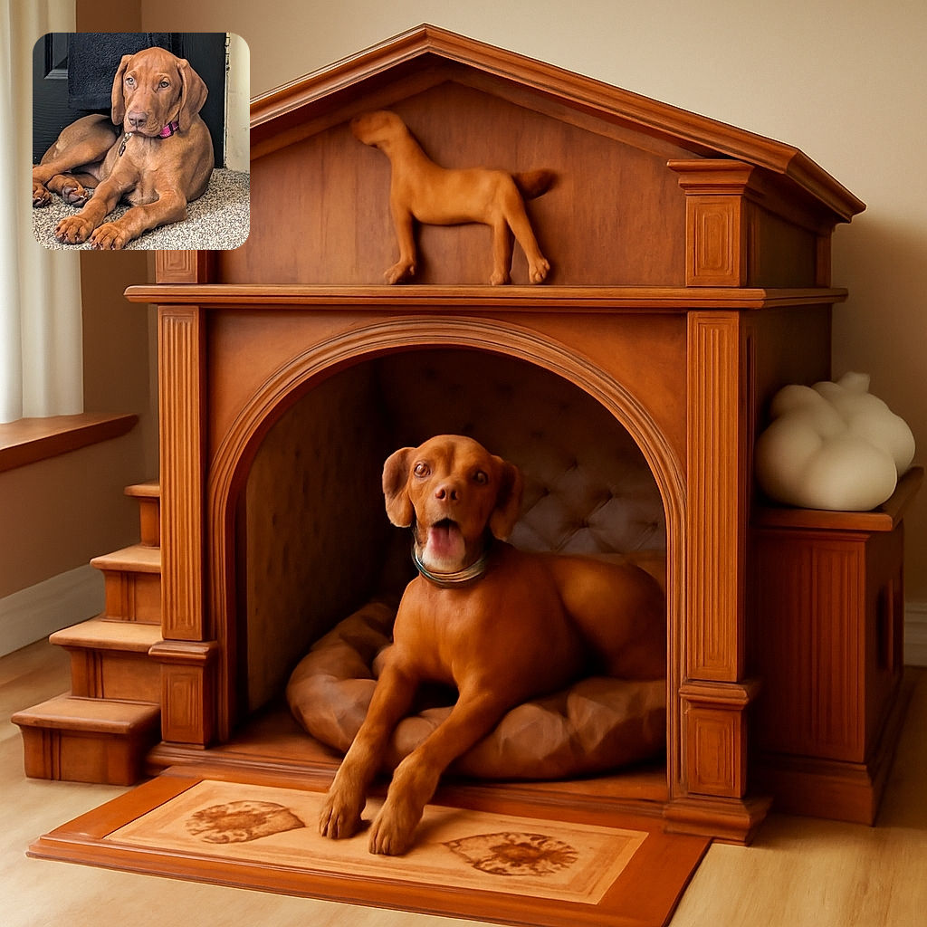 A relaxed brown puppy with a pink collar lounges on a carpet in front of a black door, looking thoughtfully into the distance with its paws stretched out like it's ready for a nap or a game of fetch.