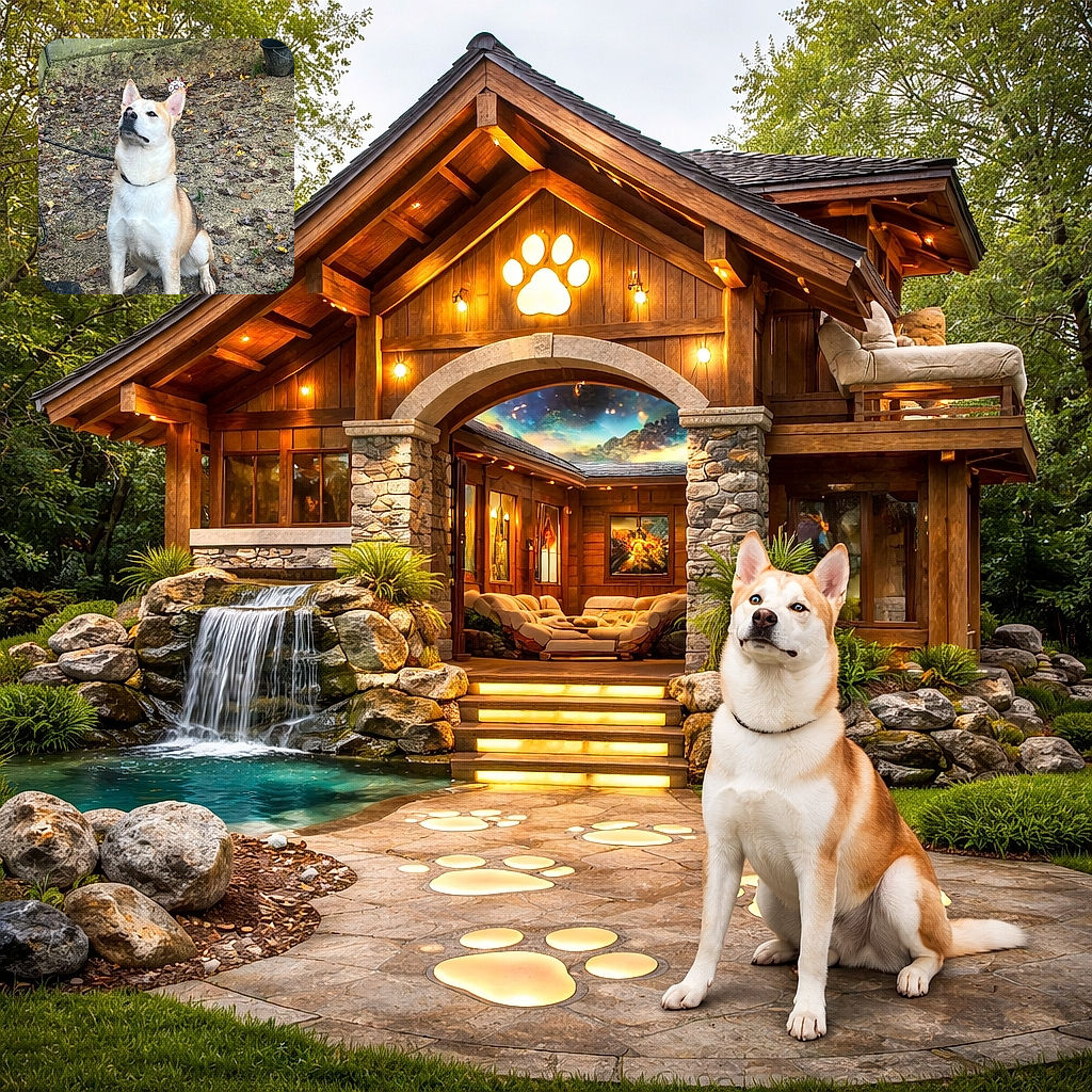 A fluffy, attentive dog sits on a leaf-strewn yard staring up expectantly like it smelled a treat — wearing a collar and leash with a small soccer ball and a black bucket behind it. The scene is outdoors by a low fence and mossy wall, scattered autumn leaves and gravel underfoot, and a boot/hand just visible at the edge suggesting a handler.