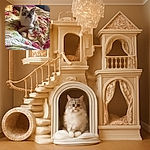 A fluffy, wide-eyed cat lounges comfortably on a colorful floral quilt, giving the camera an adorable, curious stare that melts hearts instantly.