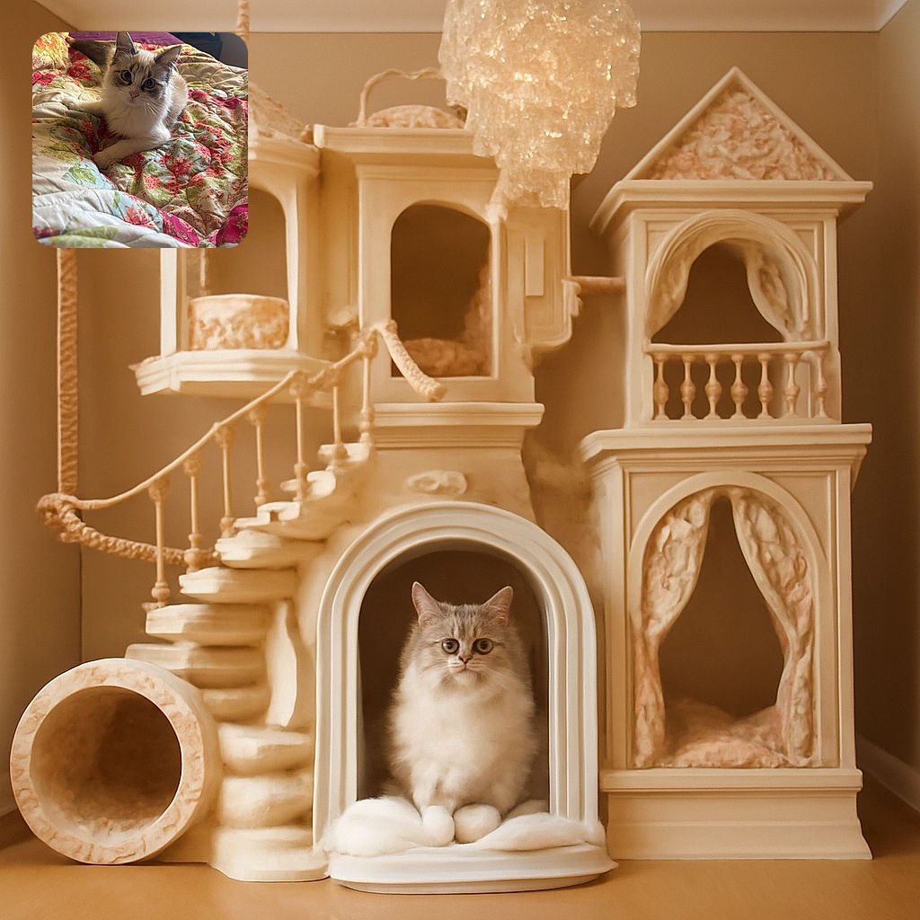 A fluffy, wide-eyed cat lounges comfortably on a colorful floral quilt, giving the camera an adorable, curious stare that melts hearts instantly.