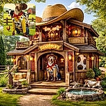 A whimsical digital illustration of a dog dressed as a cowboy, complete with a hat, red bandana, and boots, standing in a vibrant farm setting with a cow, sheep, and chicken nearby, under a bright sky with a red barn in the background.