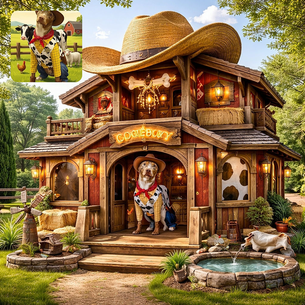 A whimsical digital illustration of a dog dressed as a cowboy, complete with a hat, red bandana, and boots, standing in a vibrant farm setting with a cow, sheep, and chicken nearby, under a bright sky with a red barn in the background.