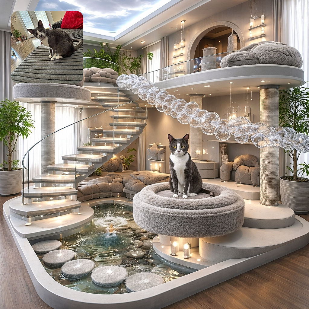 A curious tuxedo cat perches on a ribbed gray couch, head tilted like it’s eavesdropping on a very important human secret — background shows a sunny living room, a red pillow, a plant and a slightly askew door letting in soft light.