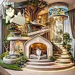 A relaxed tabby and white cat lounges casually in a doorway, one paw stretched out onto a decorative doormat with swirly black patterns. The sunlight highlights the cat's calm expression and the cozy indoor-outdoor vibe.
