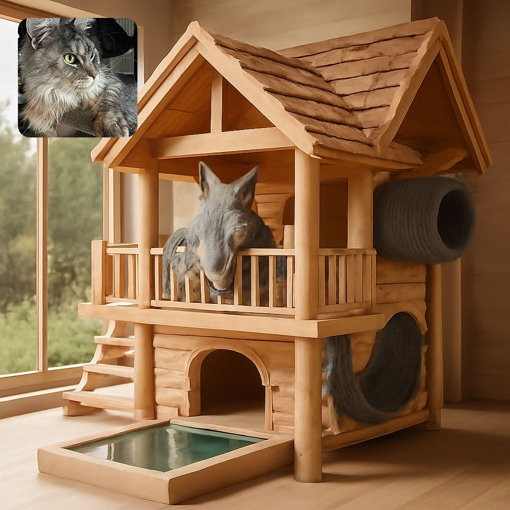 A majestic, fluffy gray cat with piercing yellow-green eyes lounges on a soft textured surface, gazing intently to the side as if plotting its next grand adventure.