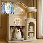 A fluffy white cat with striking blue eyes sits comfortably inside a cozy pet carrier outdoors, surrounded by greenery and autumn foliage. The cat looks curiously to the side, perfectly framed by the soft bedding and the open carrier door.