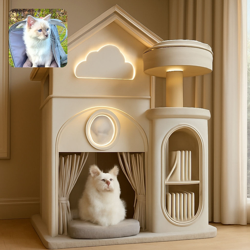 A fluffy white cat with striking blue eyes sits comfortably inside a cozy pet carrier outdoors, surrounded by greenery and autumn foliage. The cat looks curiously to the side, perfectly framed by the soft bedding and the open carrier door.